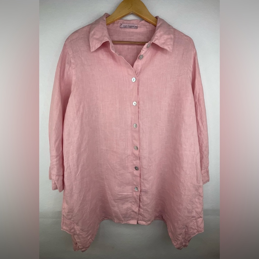 Cut Loose 100% Linen Pink Top Women’s L Button Up Blouse Uneven Hem Boxy